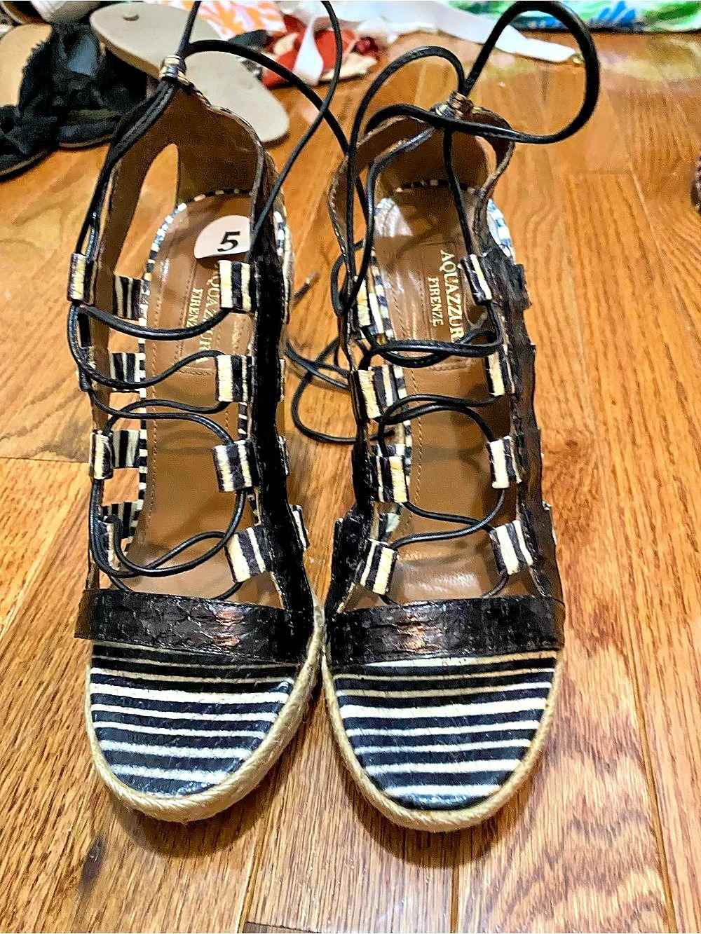Aquazzura Striped Lace-Up Wedge Sandals US 5